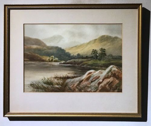 fig 1. L Vallance Original Antique Watercolour Painting Scottish Highland Lake & Mountain View Landscape