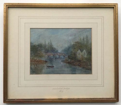 fig 1. Original Late 19th Century English Antique Watercolour Painting Maidenhead Railway Bridge Boulters Lock River Landscape