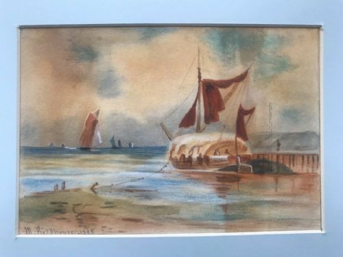 fig 1. M Fieldhouse Signed 1895 Original 19th Century English Antique Watercolour Painting Fishing Boats Anchored