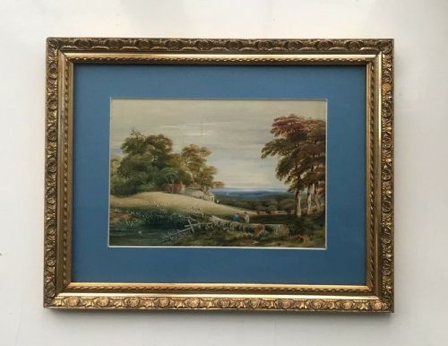 Original 19th Century English Antique Watercolour Painting Cattle Sheep Cottage & Figures Rural Landscape