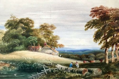 fig 1. Original 19th Century English Antique Watercolour Painting Cattle Sheep Cottage & Figures Rural Landscape