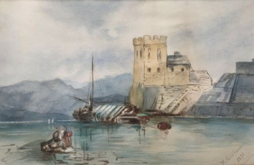 M Fieldhouse Signed 1895 Original Antique Watercolour Painting Boats & Castle