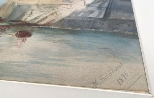 fig 1. M Fieldhouse Signed 1895 Original Antique Watercolour Painting Boats & Castle