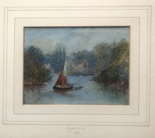 Original English Antique Dated 1879 Watercolour Painting Shepperton on the Thames River Landscape