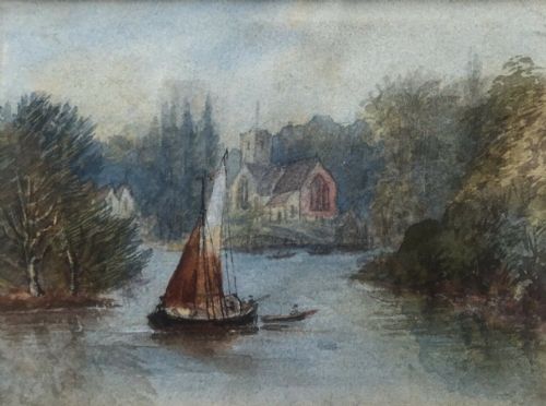 fig 1. Original English Antique Dated 1879 Watercolour Painting Shepperton on the Thames River Landscape
