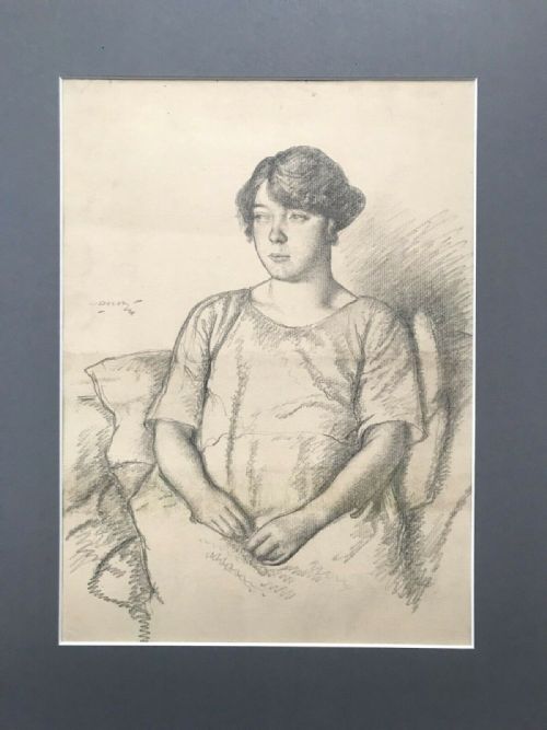 fig 1. Harold Hope Read Signed Original c1920's Antique Charcoal Pencil Drawing Woman in Thought
