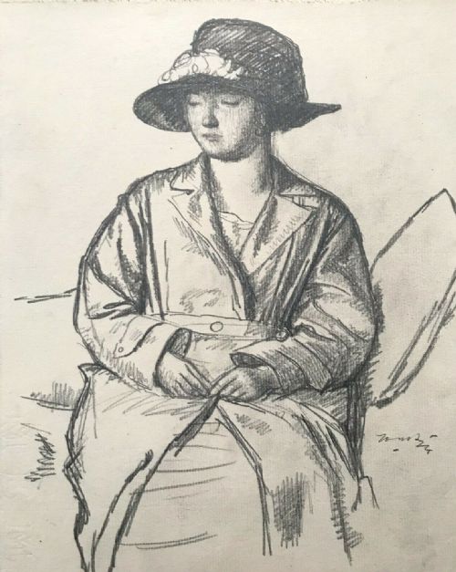 Harold Hope Read Signed Original C1920's Charcoal Pencil Drawing Portrait Study Woman in Hat & Coat