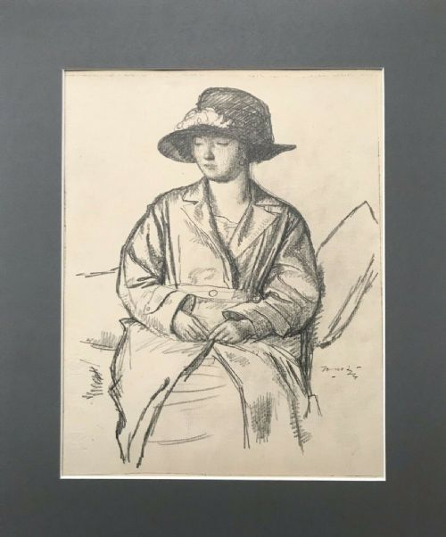 fig 1. Harold Hope Read Signed Original c1920's Charcoal Pencil Drawing Portrait Study Woman in Hat & Coat