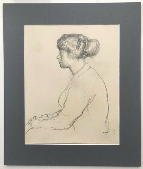 fig 1. Harold Hope Read Signed Original c1920's Charcoal Pencil Drawing Study Portrait of a Woman