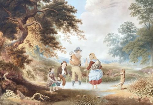 John White Abbott Original 1812 Early 19th Century English Antique Watercolour Painting Family & Stream Georgian Landscape