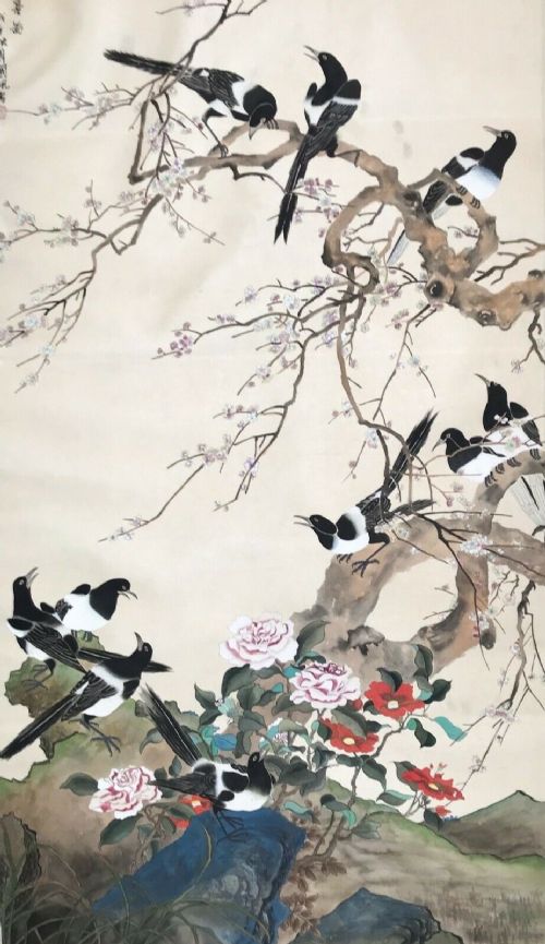 Manner of Chen Zhifo Original Large 20th Century Chinese Watercolour Painting Magpies & Blossom Tree