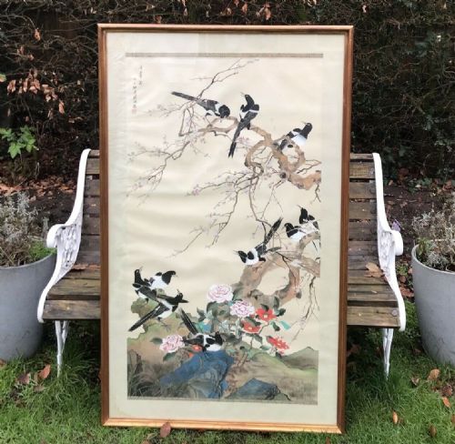 fig 1. Manner of Chen Zhifo Original Large 20th Century Chinese Watercolour Painting Magpies & Blossom Tree