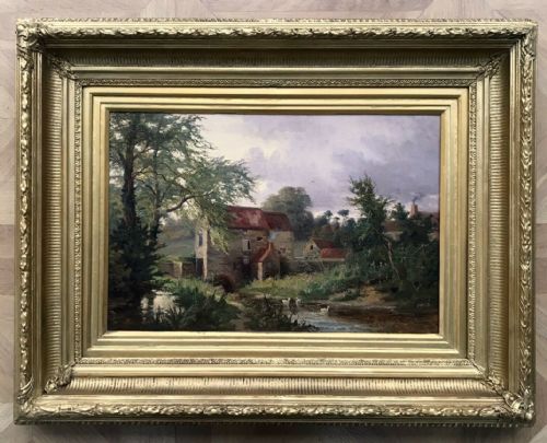 William Greaves Original 19th Century English Antique Oil Painting on Canvas in Decorative Gilt Period Frame Yorkshire River & Mill Landscape