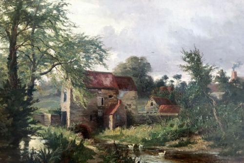 fig 1. William Greaves Original 19th Century English Antique Oil Painting on Canvas in Decorative Gilt Period Frame Yorkshire River & Mill Landscape