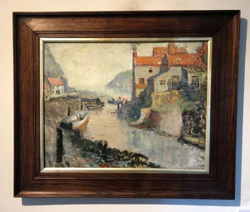 English School Original Early 20th Century Antique Oil Painting on Board Staithes Yorkshire Seascape