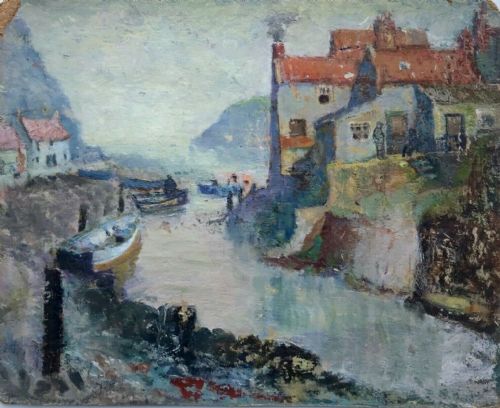 fig 1. English School Original Early 20th Century Antique Oil Painting on Board Staithes Yorkshire Seascape
