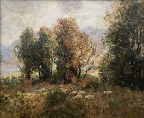 John Arthur Dees Original Antique Oil Painting on Board, Sheep Grazing Landscape in Lake District