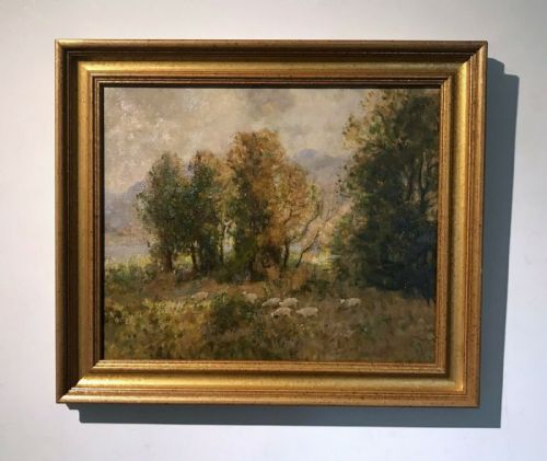 fig 1. John Arthur Dees Original Antique Oil Painting on Board, Sheep Grazing Landscape in Lake District
