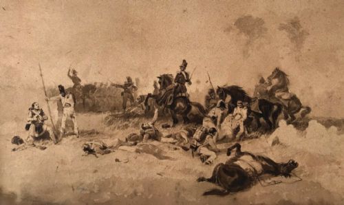 Attributed to William Heath Original Early 19th Century Antique Sepia Watercolour Painting Peninsular War Casualties