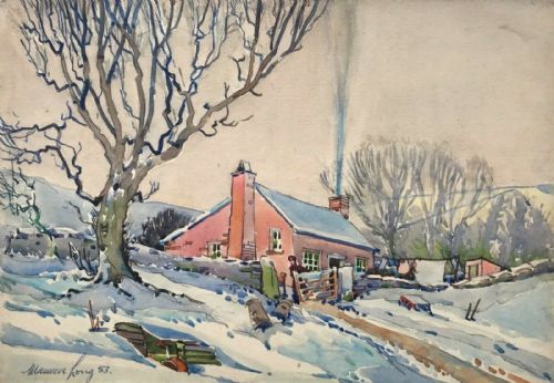 Maurice Long Signed 1953 Original Vintage English Watercolour Painting Farmstead in Snow Winter Landscape