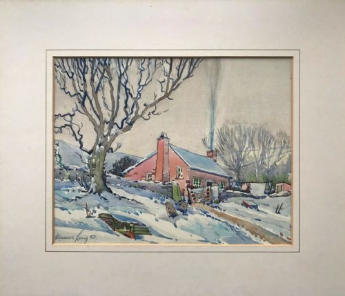 fig 1. Maurice Long Signed 1953 Original Vintage English Watercolour Painting Farmstead in Snow Winter Landscape