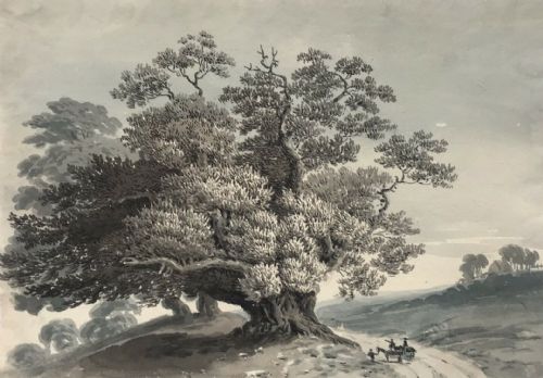 Original 19th Century Antique Grisaille Watercolour Painting Oak Tree Horses & Figures in an English Landscape