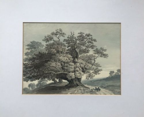 fig 1. Original 19th Century Antique Grisaille Watercolour Painting Oak Tree Horses & Figures in an English Landscape