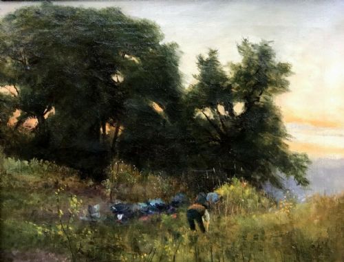Circle of Robert W Wood Original Early 20th Century Antique Oil Painting Figure Farming in Meadow
