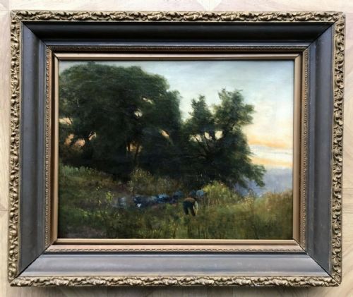 fig 1. Circle of Robert W Wood Original Early 20th Century Antique Oil Painting Figure Farming in Meadow