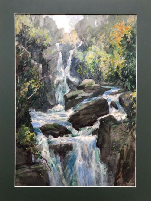 John Arthur Dees Signed Original English Antique Watercolour Painting Lake District Waterfall