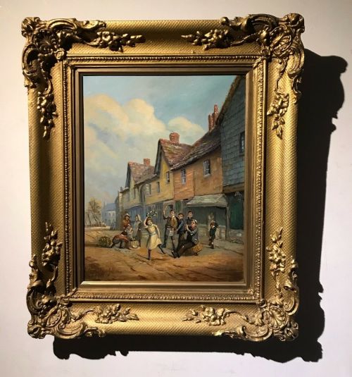 French School Signed Original 19th Century Antique Oil Painting on Board Children Playing in Street