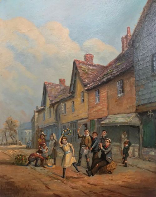 fig 1. French School Signed Original 19th Century Antique Oil Painting on Board Children Playing in Street