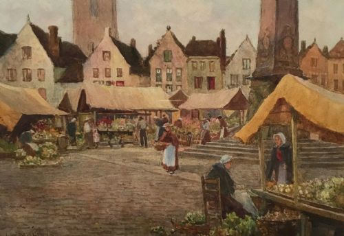James W Milliken Original Early 20th Century Antique Watercolour Painting Amsterdam Flower Market