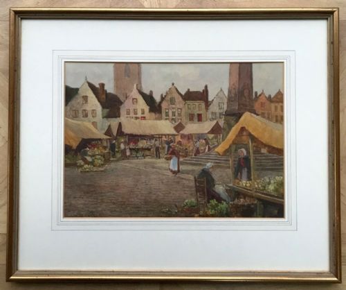fig 1. James W Milliken Original early 20th Century Antique Watercolour Painting Amsterdam Flower Market