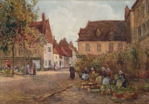 James W Milliken Signed Original Early 20th Century Antique Watercolour Painting Dutch Flower Market Scene