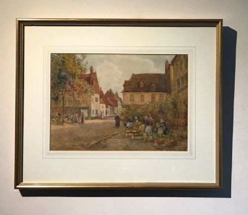 fig 1. James W Milliken Signed Original early 20th Century Antique Watercolour Painting Dutch Flower Market Scene