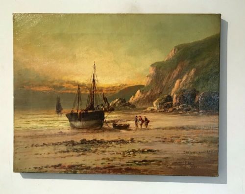 Frank Hider Signed Original Antique Oil Painting on Canvas Coastal Scene Near Dawlish Devon English Seascape