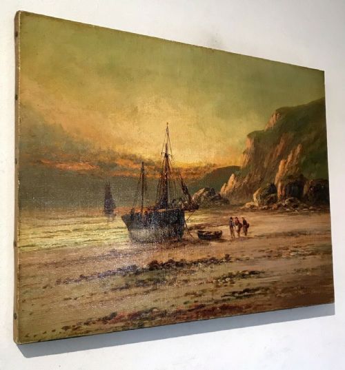 fig 1. Frank Hider Signed Original Antique Oil Painting on Canvas Coastal Scene Near Dawlish Devon English Seascape