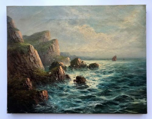 FRANK HIDER SIGNED ORIGINAL ANTIQUE OIL PAINTING COAST SCENE NEAR FOWEY SOUTH CORNWALL ENGLISH SEASCAPE - ADDITIONAL PHOTO 3