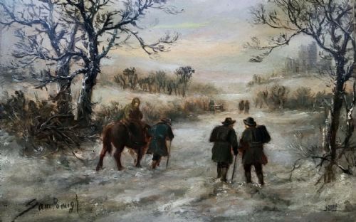 Sam Bough Rsa Original 19th Century Antique Oil Painting on Wood Panel Winter Wood Forest Figure Scene English Snow Landscape