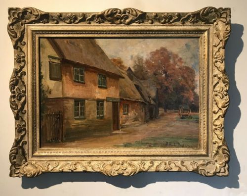 Robert Payton Reid (Scottish 1859-1945) Original Antique Oil Painting Country Cottages Country Lane Landscape on Board