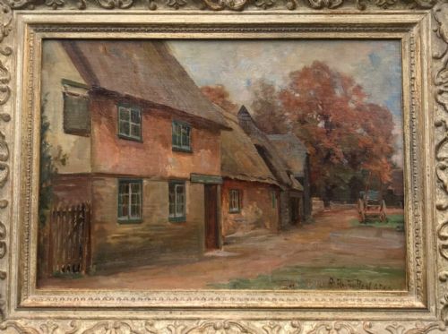 fig 1. Robert Payton Reid (Scottish 1859-1945) Original Antique Oil Painting Country Cottages Country Lane landscape on Board