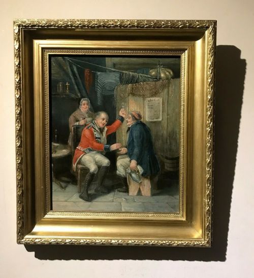 Original 19th Century Antique Oil Painting on Canvas Soldier and Sailor Drinking Inn Interior Scene