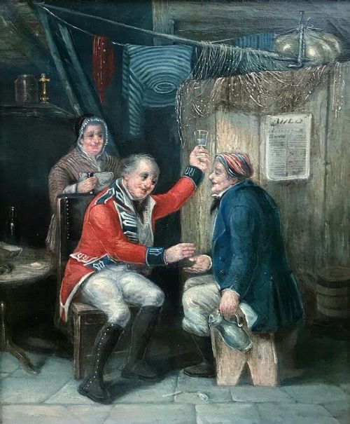 fig 1. Original 19th Century Antique Oil Painting on Canvas Soldier and Sailor Drinking Inn Interior Scene