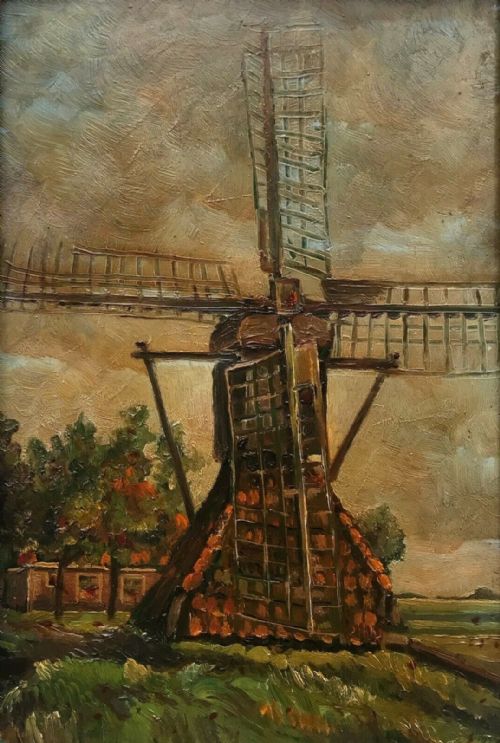 Hague School Signed Original Early 20th Century Antique Oil Painting on Panel of Dutch Windmill Landscape