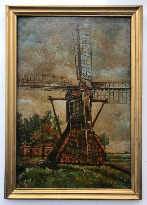 fig 1. Hague School Signed Original Early 20th Century Antique Oil Painting on Panel of Dutch Windmill Landscape