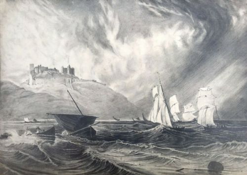 George Balmer (1806-1846) Original Antique English Pencil Drawing Bamburgh Castle North East England Seascape