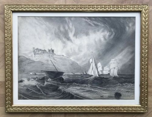 fig 1. George Balmer (1806-1846) Original Antique English Pencil Drawing Bamburgh Castle North East England Seascape