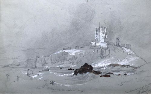 George Balmer (1806-1846) Signed Original 19th Century Antique Sketched Painting Dunstanburgh Castle North East England Seascape