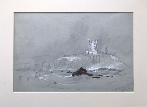 fig 1. George Balmer (1806-1846) Signed Original 19th Century Antique Sketched Painting Dunstanburgh Castle North East England Seascape